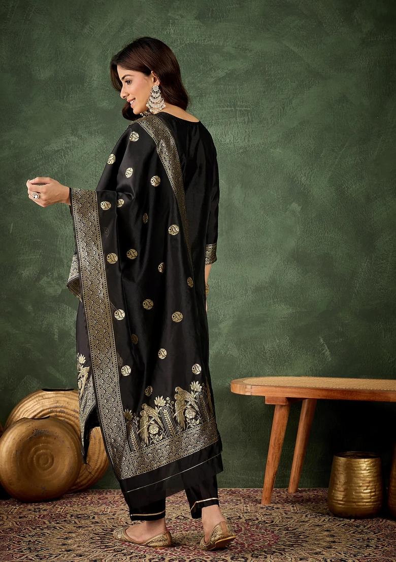 Black Embroidered Silk Blend Kurta Set - Indya