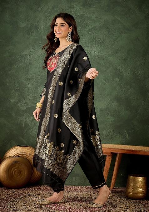 Black Embroidered Silk Blend Kurta Set