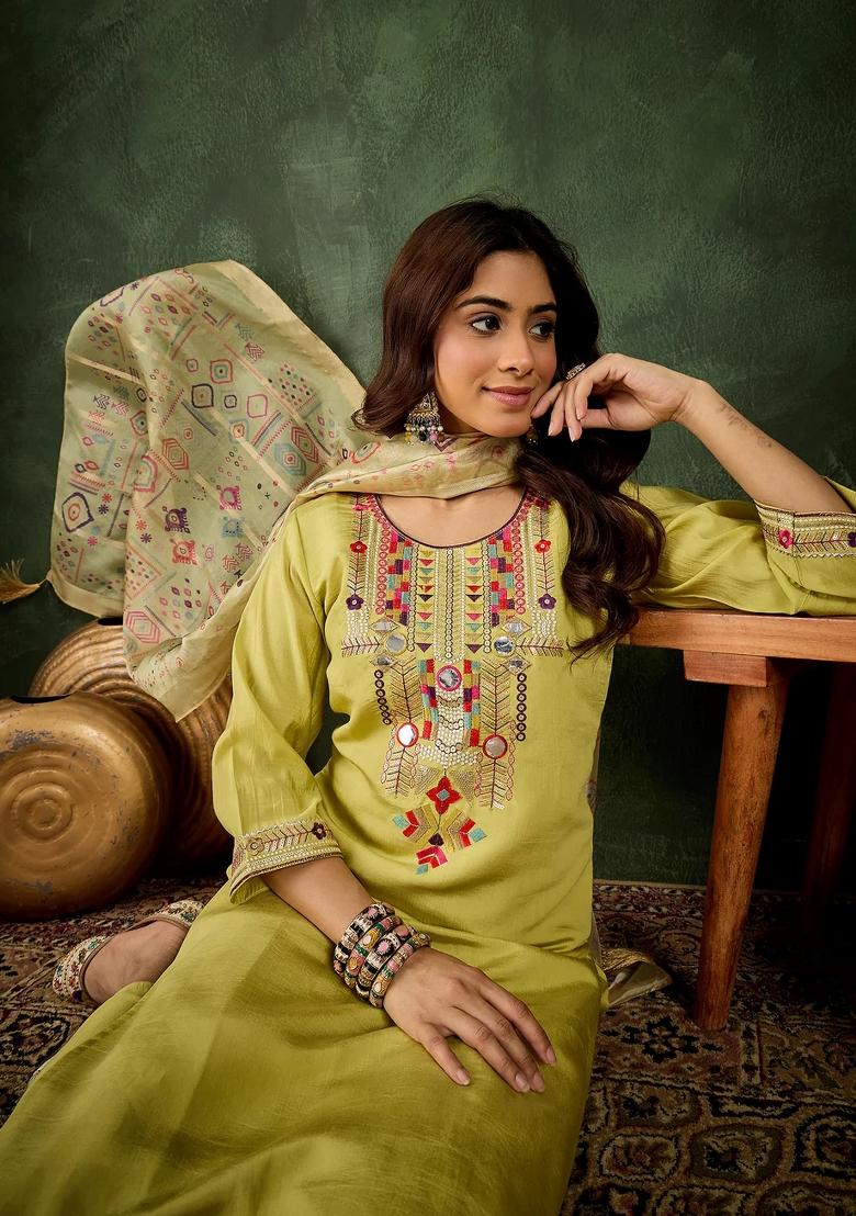 Yellow Embroidered Silk Blend Kurta Set - Indya