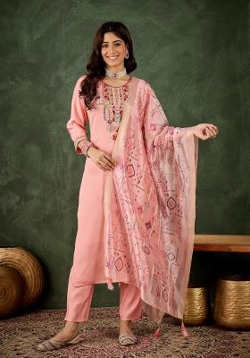 Pink Embroidered Silk Blend Kurta Set