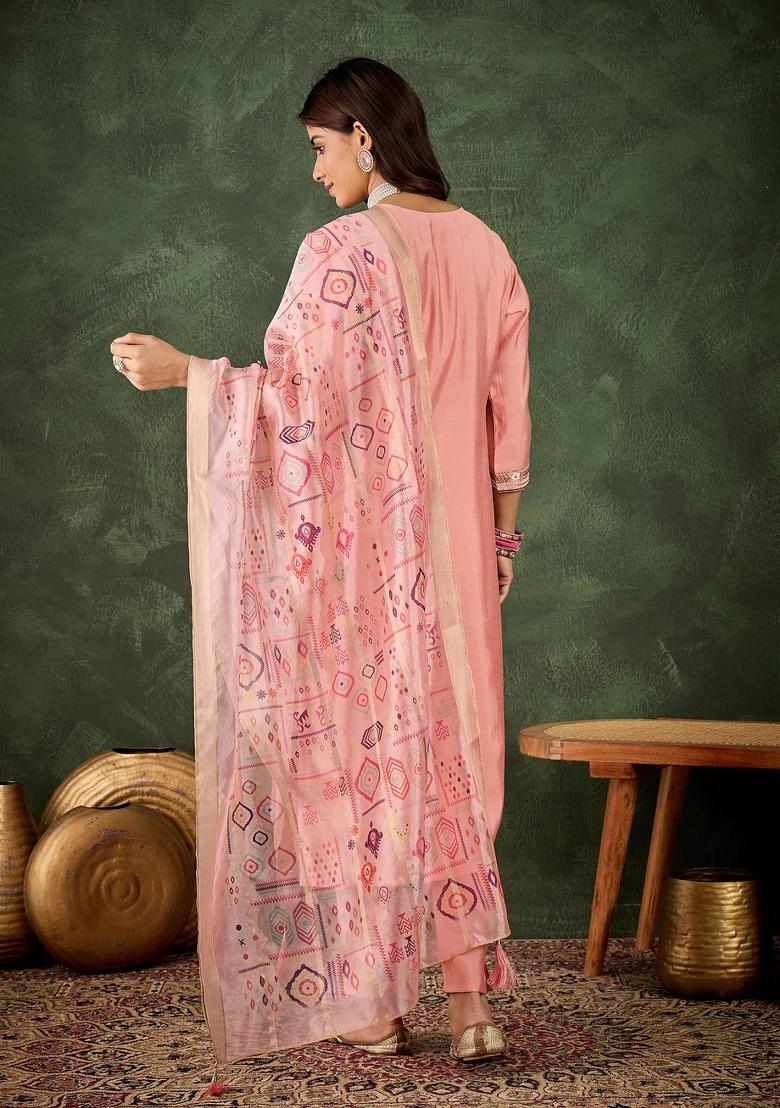 Pink Embroidered Silk Blend Kurta Set - Indya