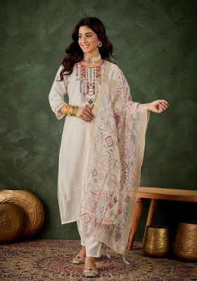 White Embroidered Silk Blend Kurta Set