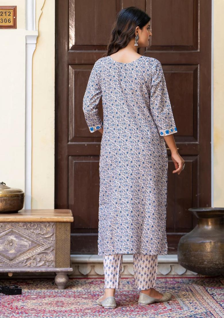 Blue Printed Cotton Kurta Set - Indya