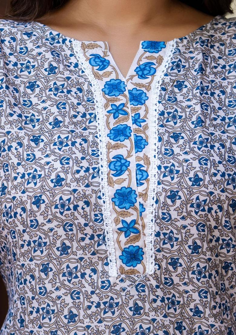 Blue Printed Cotton Kurta Set - Indya