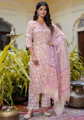 Pink Printed Cotton Kurta Set