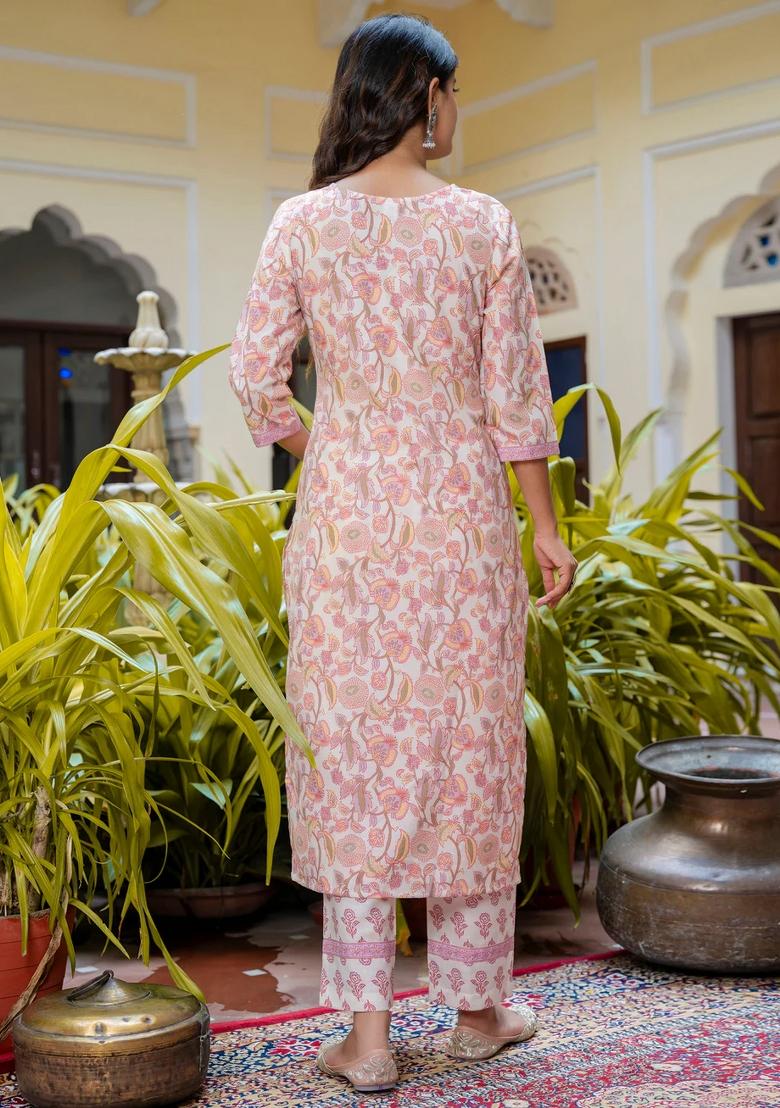 Pink Printed Cotton Kurta Set - Indya