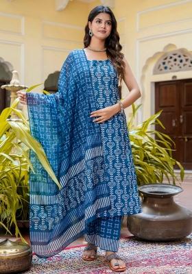 Blue Printed Cotton Kurta Set