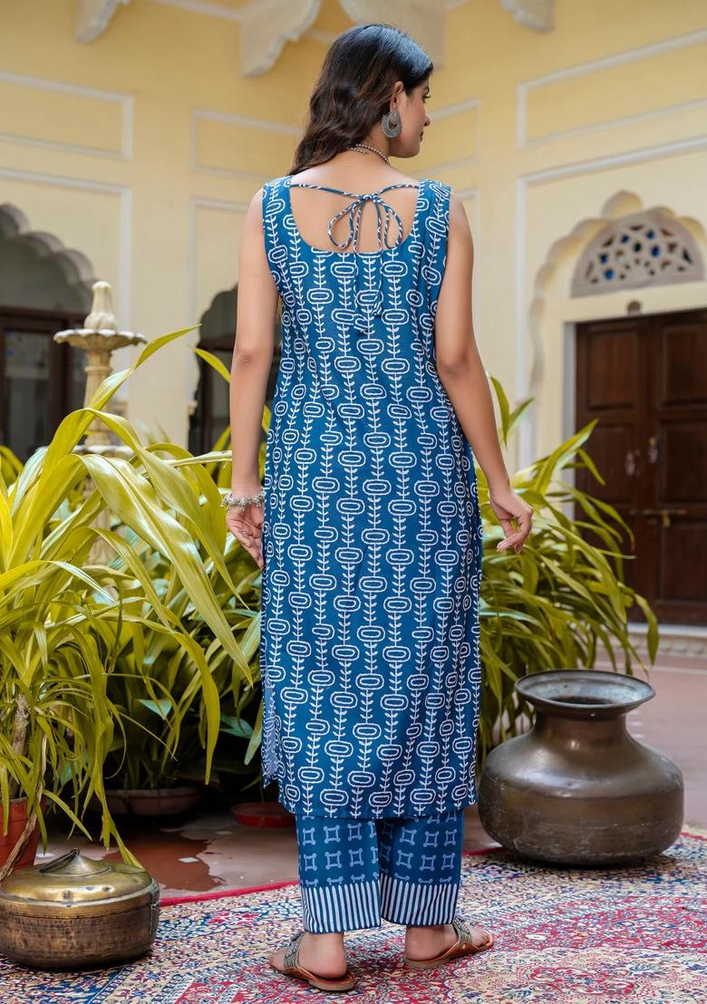 Blue Printed Cotton Kurta Set - Indya