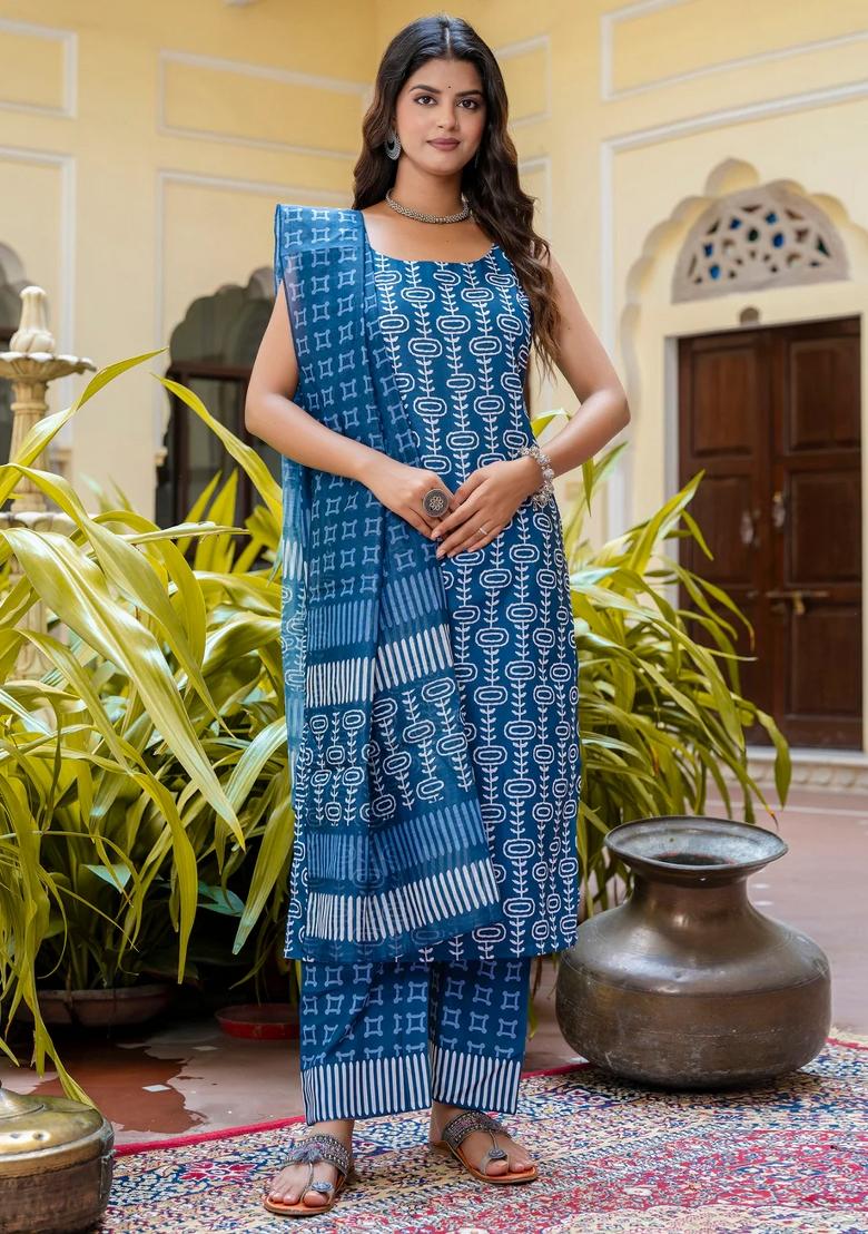 Blue Printed Cotton Kurta Set - Indya