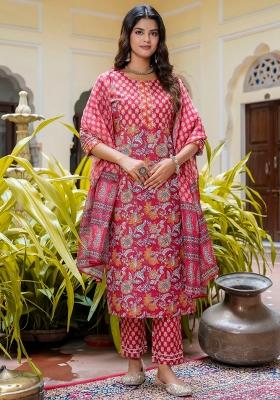 Red Printed Cotton Kurta Set