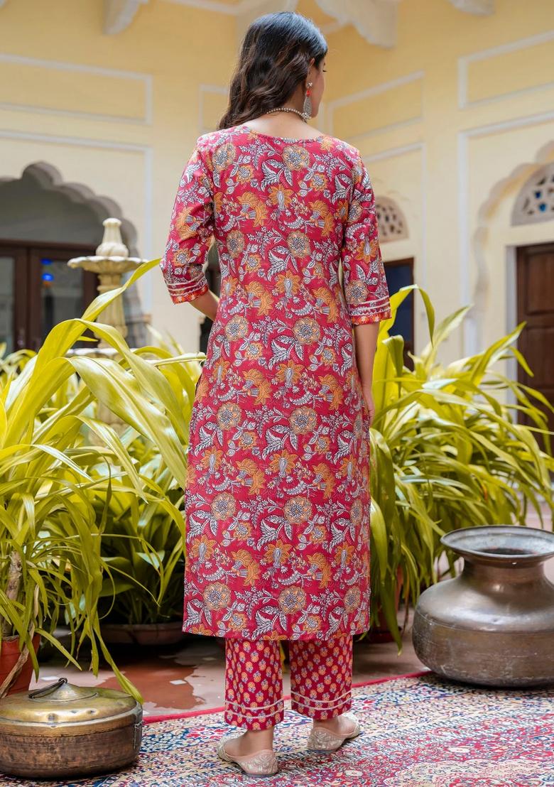 Red Printed Cotton Kurta Set - Indya