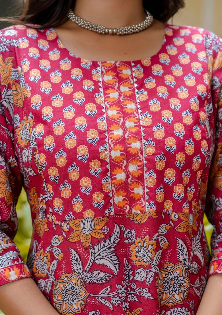 Red Printed Cotton Kurta Set - Indya