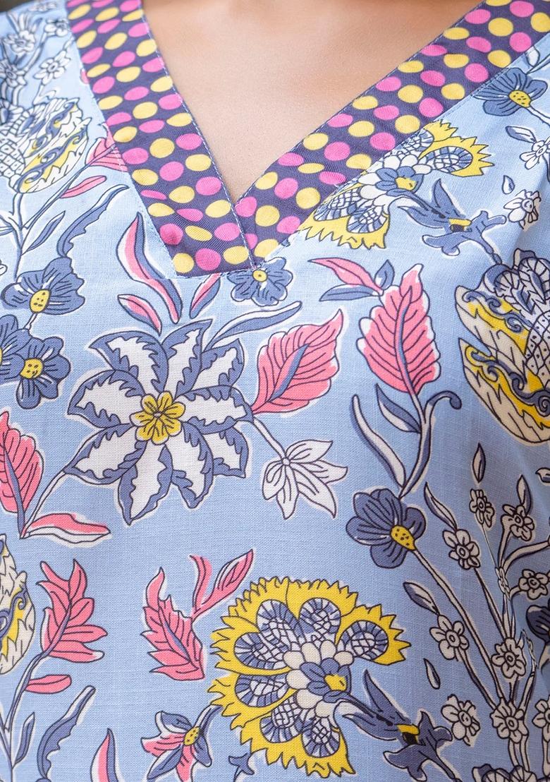Blue Printed Cotton Kurta Set - Indya