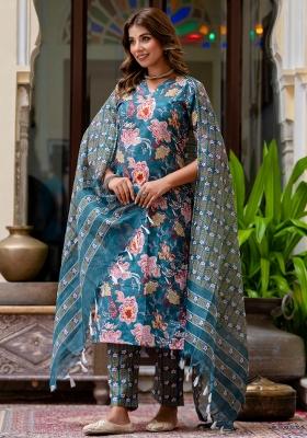 Blue Printed Cotton Kurta Set