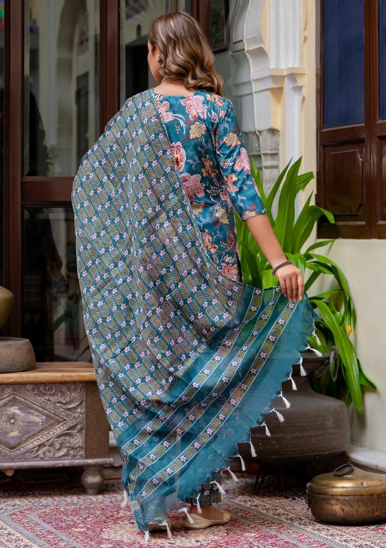Blue Printed Cotton Kurta Set - Indya