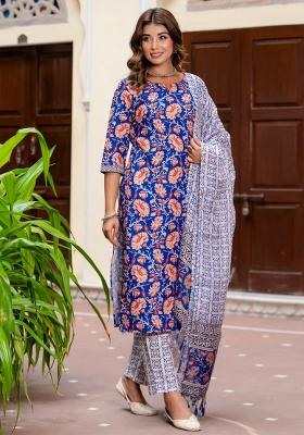 Blue Printed Cotton Kurta Set