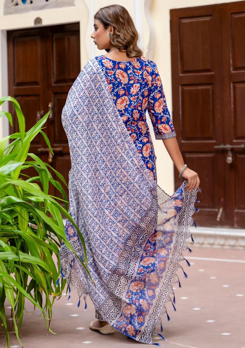 Blue Printed Cotton Kurta Set - Indya