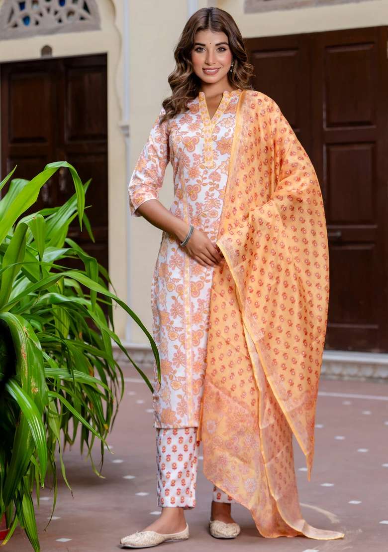 Orange Printed Cotton Kurta Set - Indya