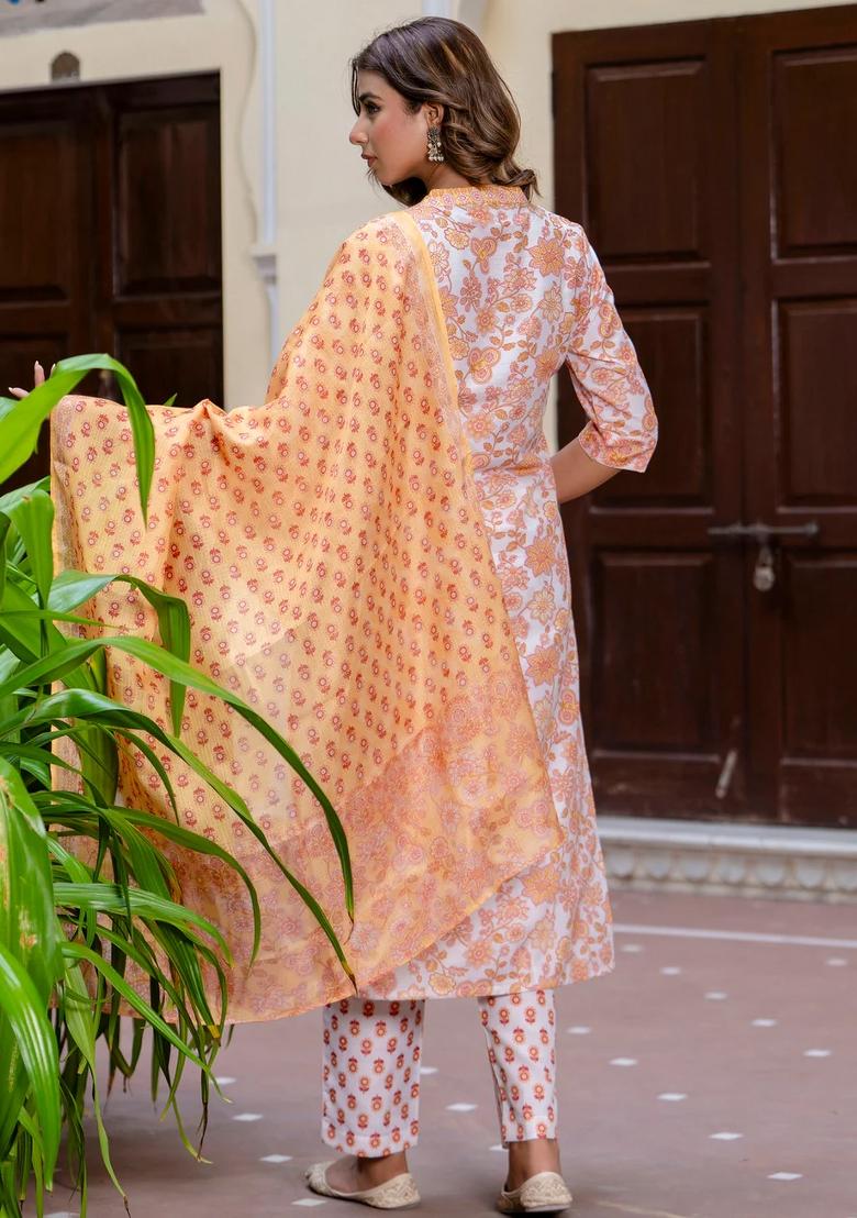 Orange Printed Cotton Kurta Set - Indya