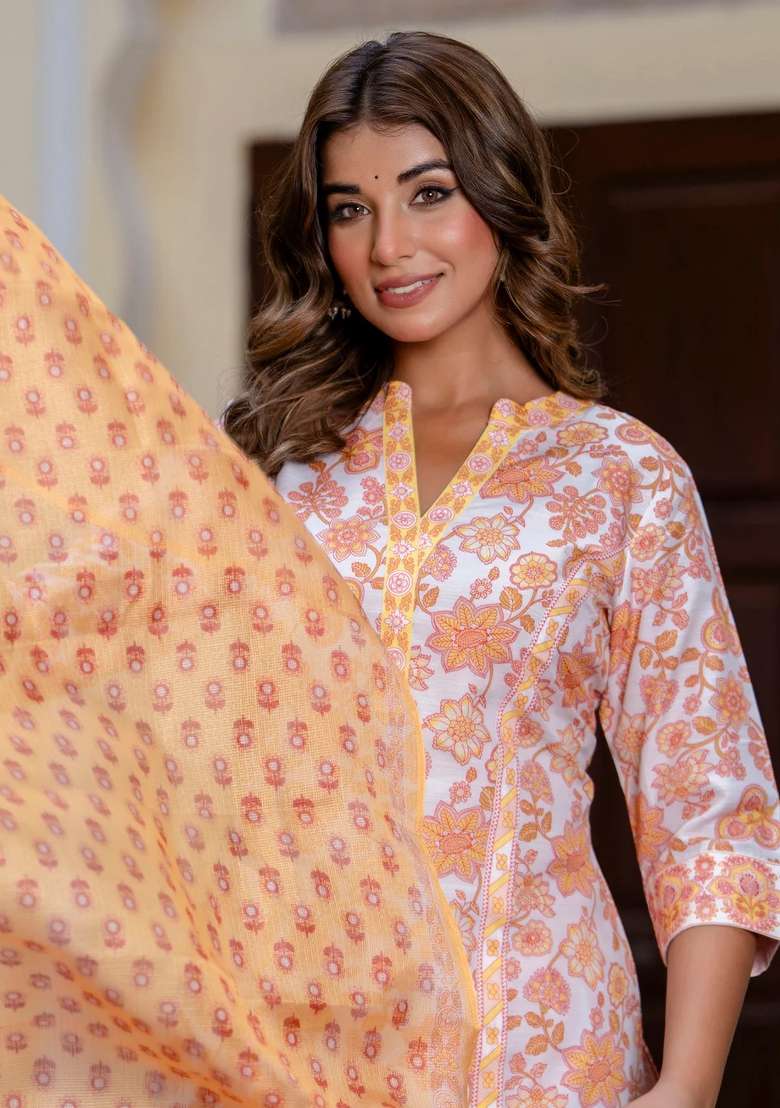 Orange Printed Cotton Kurta Set - Indya