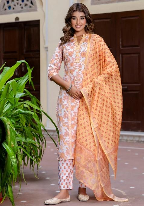 Orange Printed Cotton Kurta Set