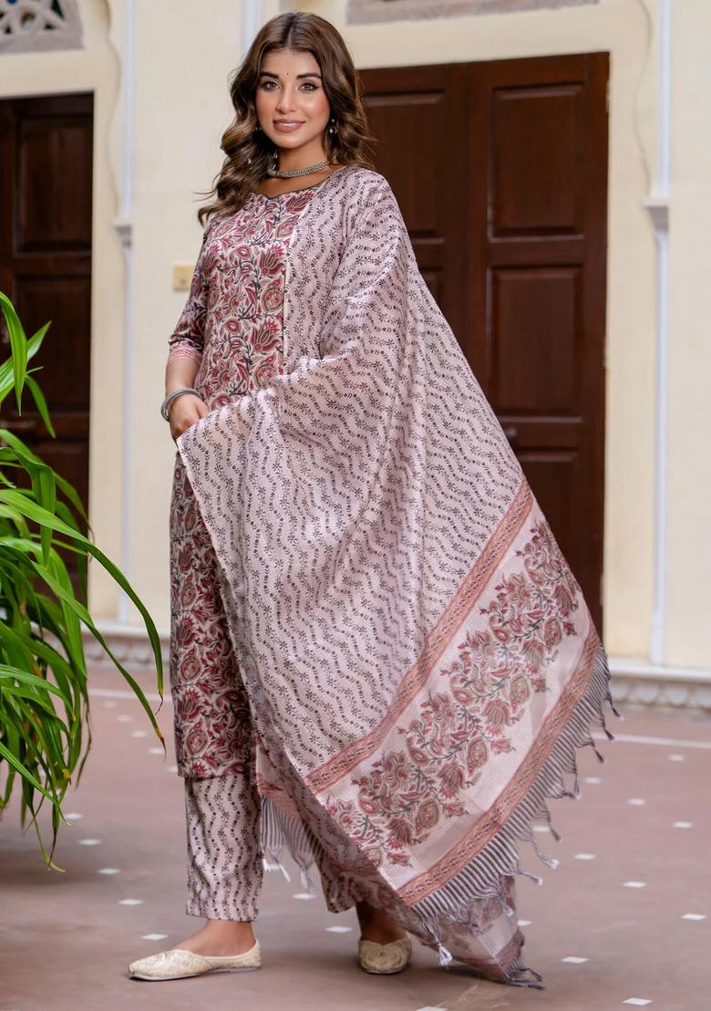 Maroon Printed Cotton Kurta Set - Indya