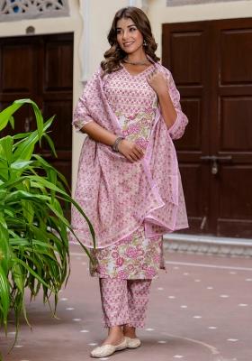 Purple Printed Cotton Kurta Set