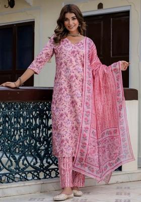 Purple Printed Cotton Kurta Set