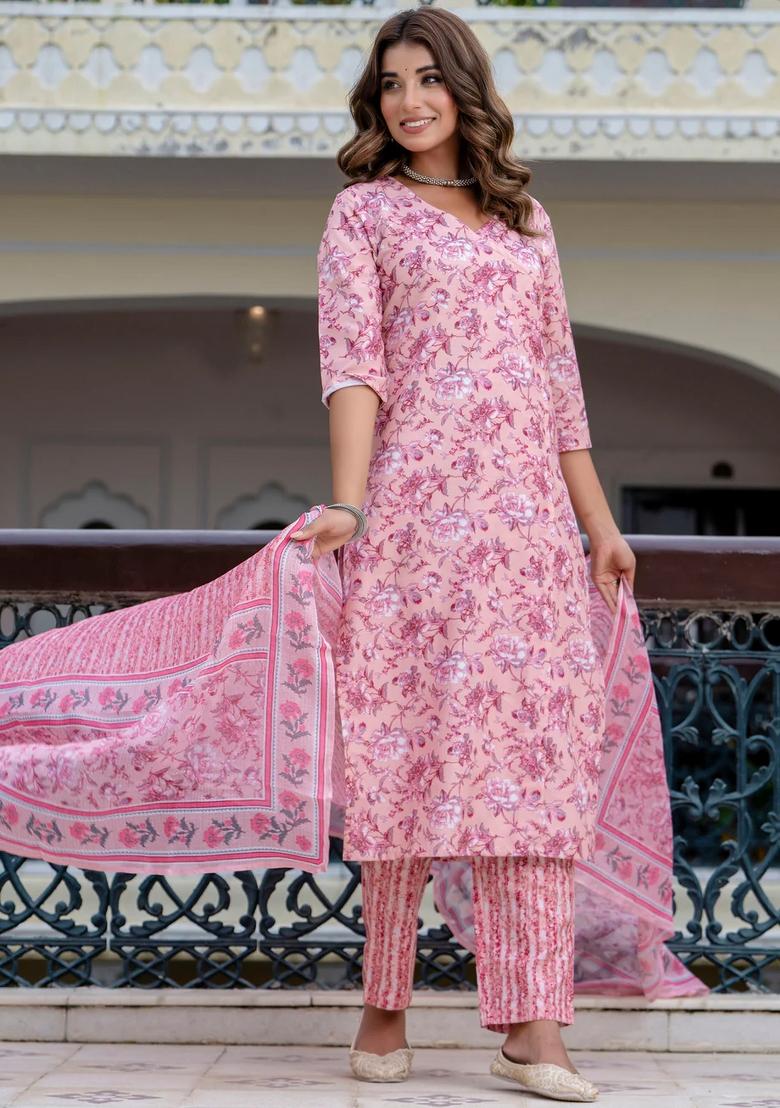 Purple Printed Cotton Kurta Set - Indya