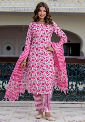 Pink Printed Cotton Kurta Set