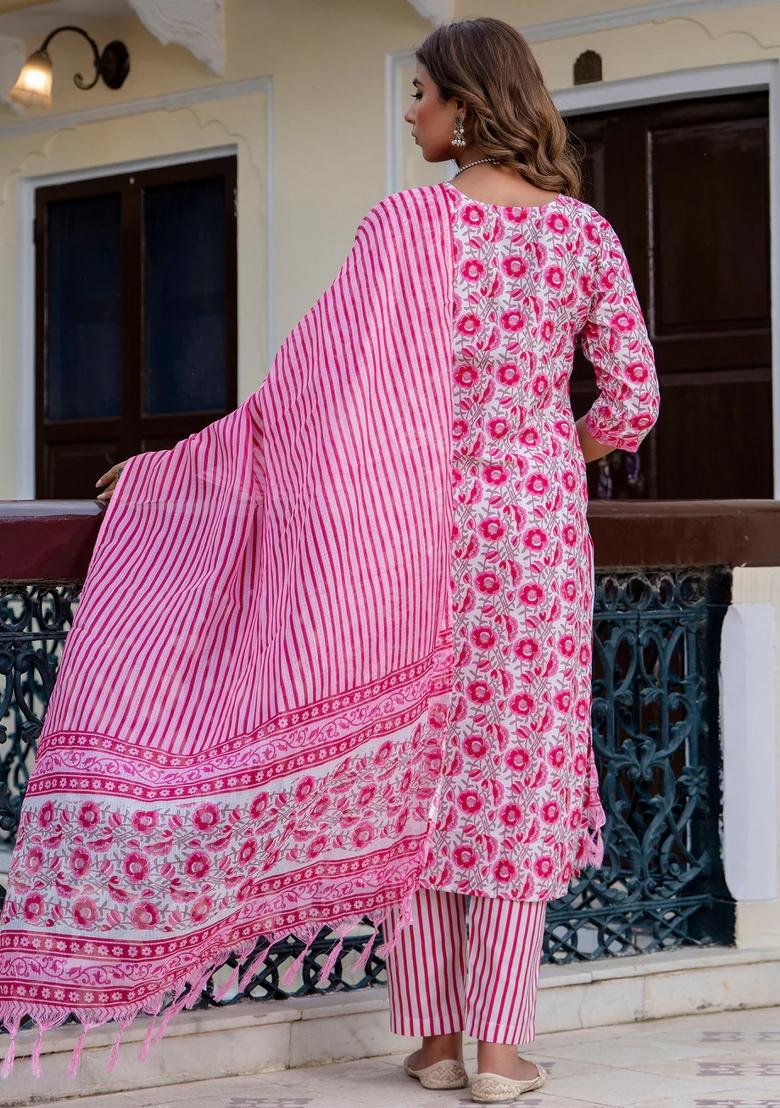 Pink Printed Cotton Kurta Set - Indya