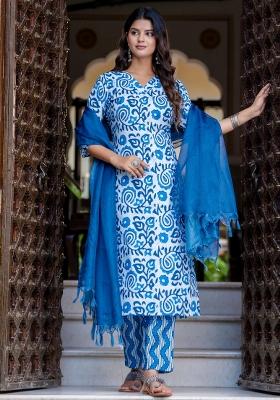 Blue Printed Cotton Kurta Set