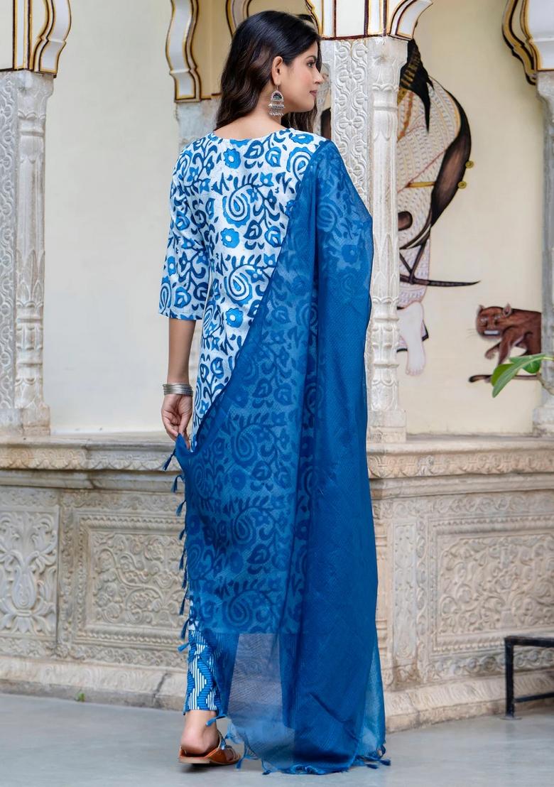 Blue Printed Cotton Kurta Set - Indya