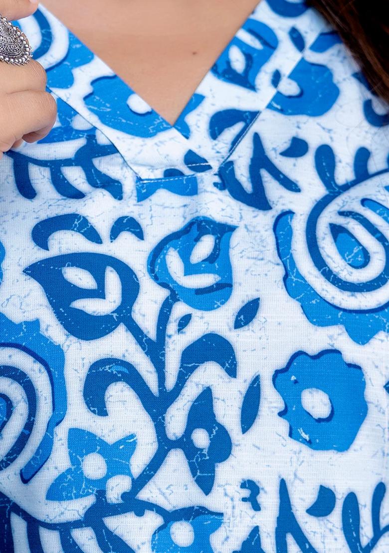 Blue Printed Cotton Kurta Set - Indya