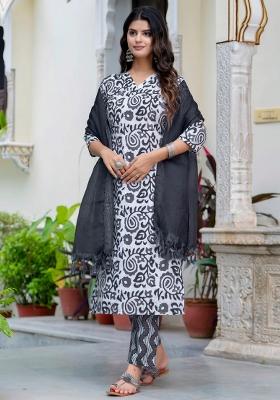 Black Printed Cotton Kurta Set