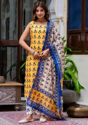 Yellow Printed Cotton Kurta Set