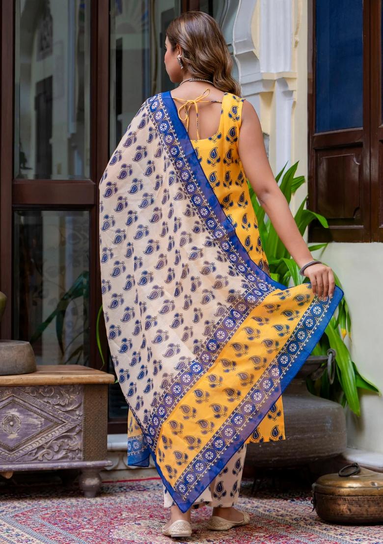 Yellow Printed Cotton Kurta Set - Indya