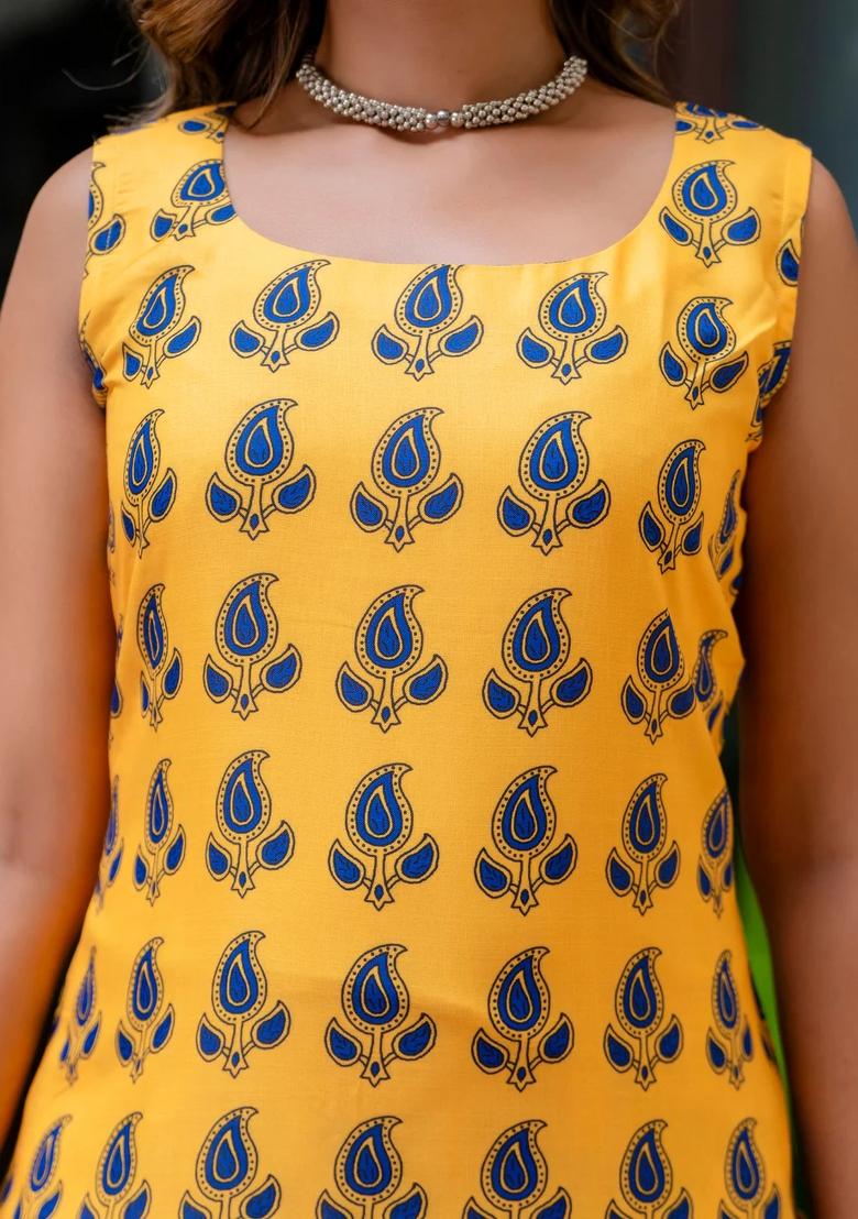 Yellow Printed Cotton Kurta Set - Indya