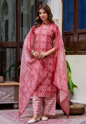 Red Printed Cotton Kurta Set
