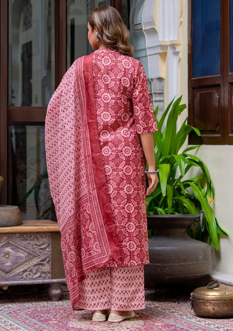 Red Printed Cotton Kurta Set - Indya