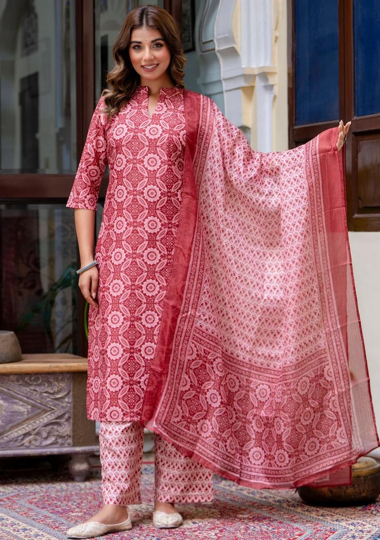 Red Printed Cotton Kurta Set - Indya