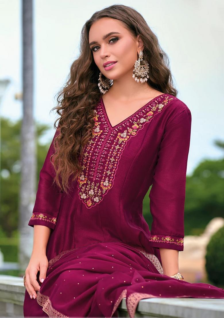 Maroon Embroidered Silk Blend Kurta Set - Indya