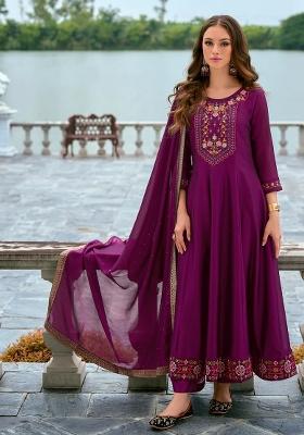 Purple Embroidered Silk Blend Kurta Set