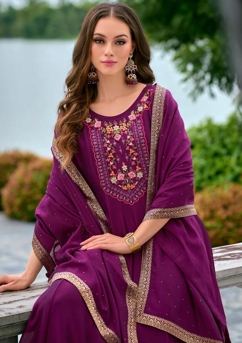 Purple Embroidered Silk Blend Kurta Set - Indya