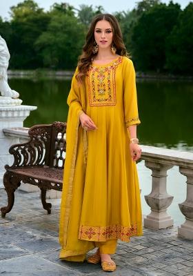 Yellow Embroidered Silk Blend Kurta Set