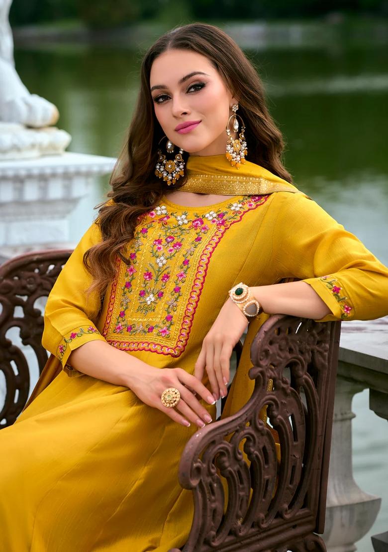 Yellow Embroidered Silk Blend Kurta Set - Indya
