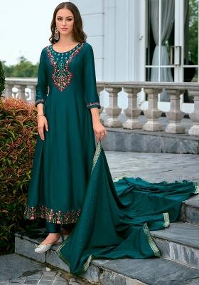 Teal Embroidered Silk Blend Kurta Set