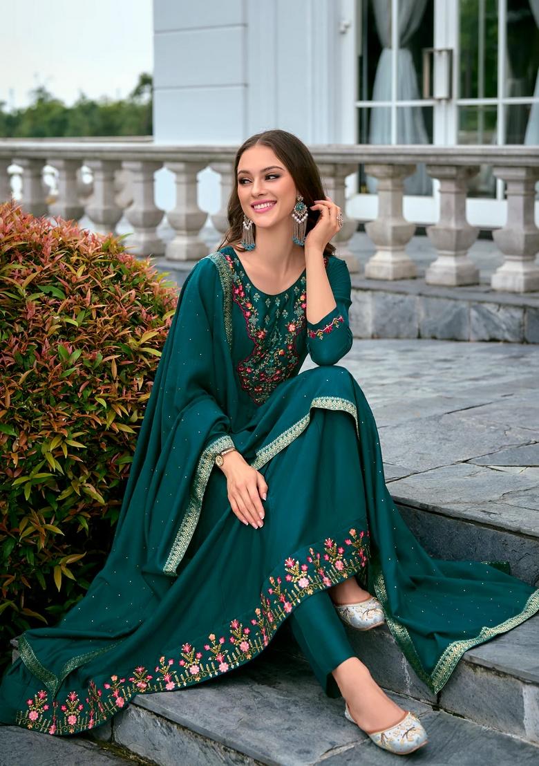 Teal Embroidered Silk Blend Kurta Set - Indya