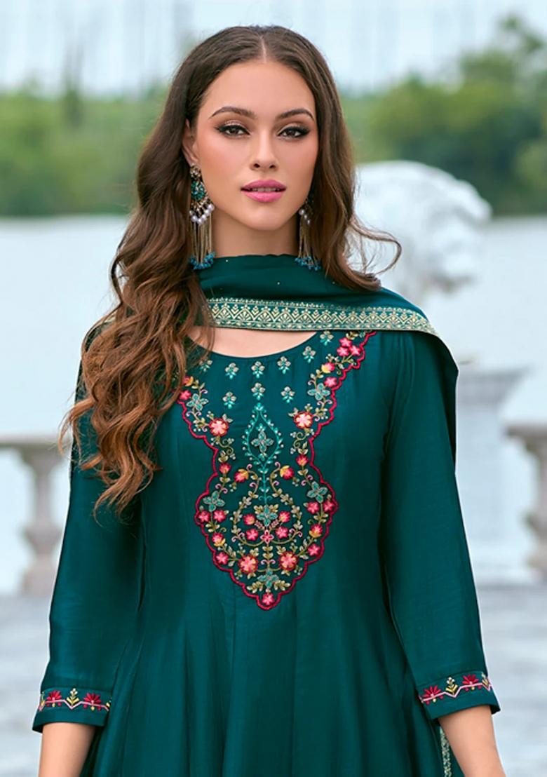 Teal Embroidered Silk Blend Kurta Set - Indya