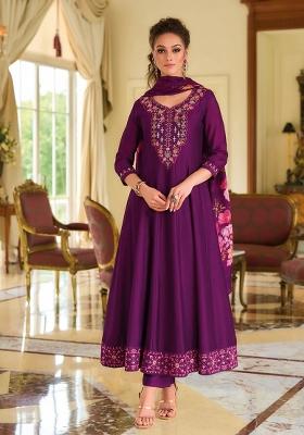 Purple Embroidered Silk Blend Kurta Set